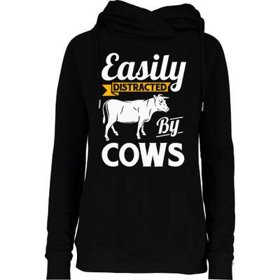 Easily Distracted By Cows Funny Cow Famers Gift Womens Funnel Neck Pullover Hood