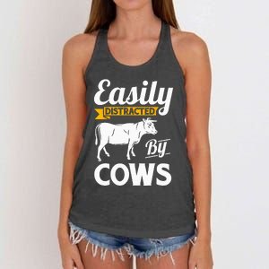 Easily Distracted By Cows Funny Cow Famers Gift Women's Knotted Racerback Tank