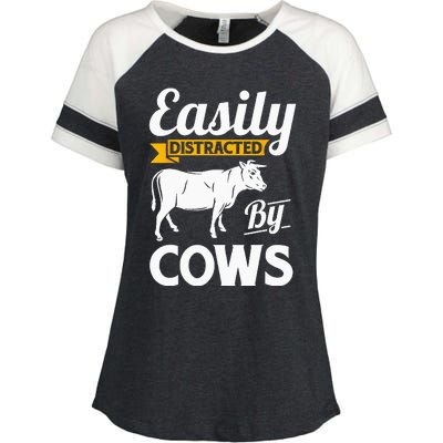 Easily Distracted By Cows Funny Cow Famers Gift Enza Ladies Jersey Colorblock Tee