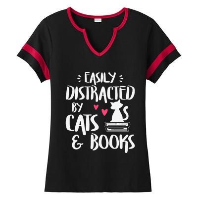 Easily Distracted By Cats And Books Cat & Book Lover Ladies Halftime Notch Neck Tee