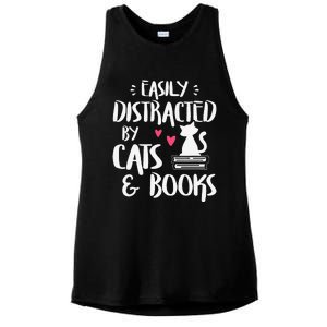 Easily Distracted By Cats And Books Cat & Book Lover Ladies PosiCharge Tri-Blend Wicking Tank