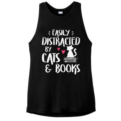 Easily Distracted By Cats And Books Cat & Book Lover Ladies PosiCharge Tri-Blend Wicking Tank