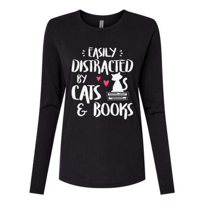 Easily Distracted By Cats And Books Cat & Book Lover Womens Cotton Relaxed Long Sleeve T-Shirt