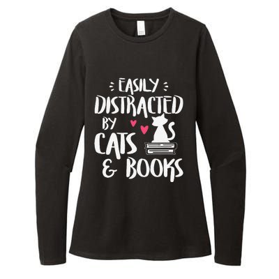 Easily Distracted By Cats And Books Cat & Book Lover Womens CVC Long Sleeve Shirt