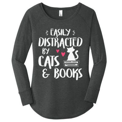 Easily Distracted By Cats And Books Cat & Book Lover Women's Perfect Tri Tunic Long Sleeve Shirt