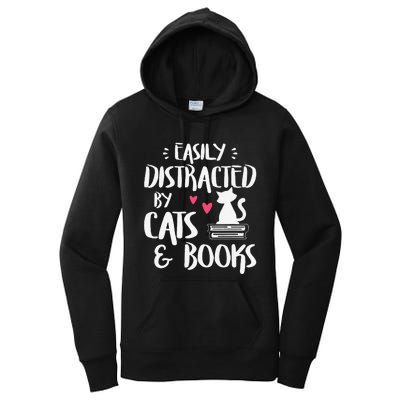 Easily Distracted By Cats And Books Cat & Book Lover Women's Pullover Hoodie