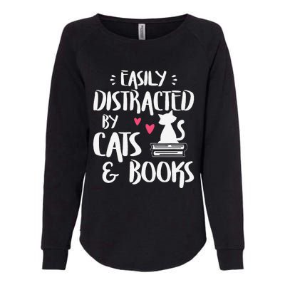 Easily Distracted By Cats And Books Cat & Book Lover Womens California Wash Sweatshirt