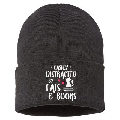 Easily Distracted By Cats And Books Cat & Book Lover Sustainable Knit Beanie