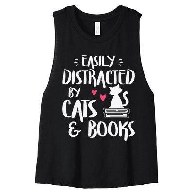 Easily Distracted By Cats And Books Cat & Book Lover Women's Racerback Cropped Tank