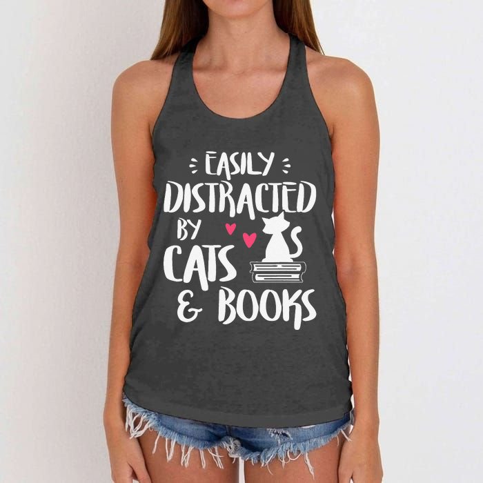 Easily Distracted By Cats And Books Cat & Book Lover Women's Knotted Racerback Tank