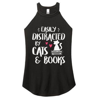 Easily Distracted By Cats And Books Cat & Book Lover Women's Perfect Tri Rocker Tank