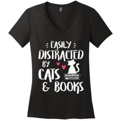 Easily Distracted By Cats And Books Cat & Book Lover Women's V-Neck T-Shirt