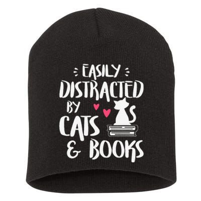 Easily Distracted By Cats And Books Cat & Book Lover Short Acrylic Beanie