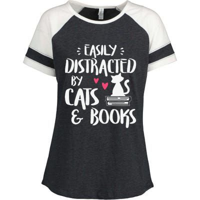 Easily Distracted By Cats And Books Cat & Book Lover Enza Ladies Jersey Colorblock Tee