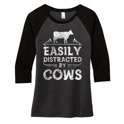 Easily Distracted By Cows Funny Cow Farmer Gifts Tee Women's Tri-Blend 3/4-Sleeve Raglan Shirt