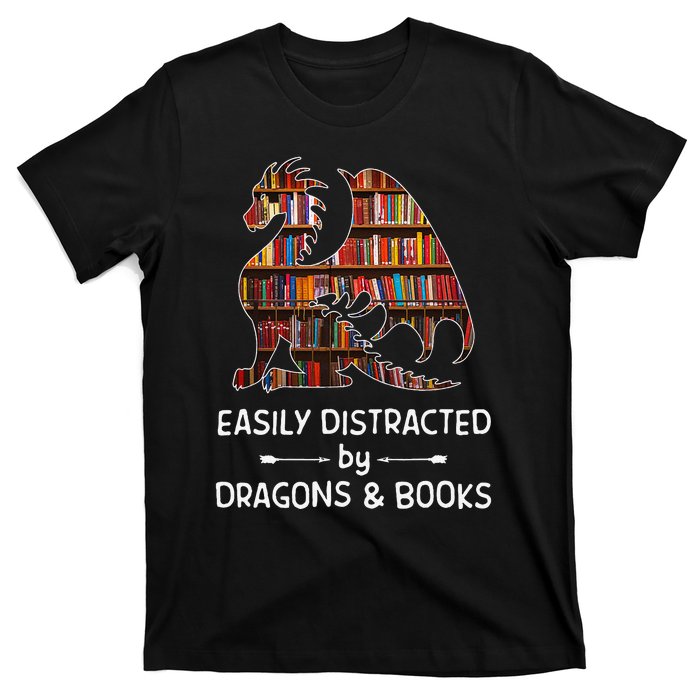 Easily Distracted By Dragon And Books Nerds T-Shirt