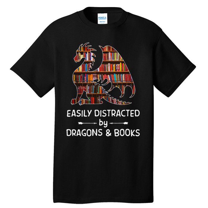 Easily Distracted By Dragon And Books Nerds Tall T-Shirt