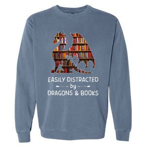 Easily Distracted By Dragon And Books Nerds Garment-Dyed Sweatshirt