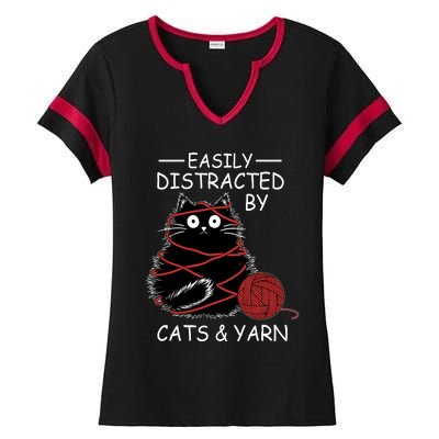 Easily Distracted By Cats And Yarn Kitten Lover Crochet Ladies Halftime Notch Neck Tee