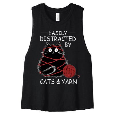 Easily Distracted By Cats And Yarn Kitten Lover Crochet Women's Racerback Cropped Tank