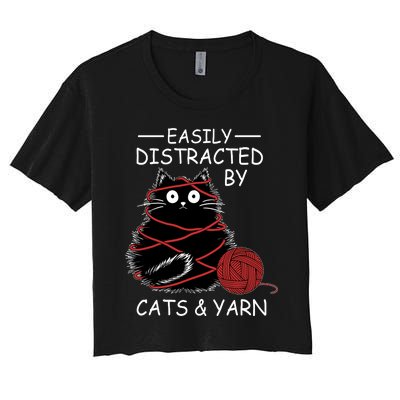 Easily Distracted By Cats And Yarn Kitten Lover Crochet Women's Crop Top Tee