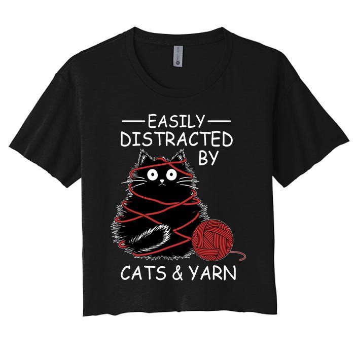 Easily Distracted By Cats And Yarn Kitten Lover Crochet Women's Crop Top Tee