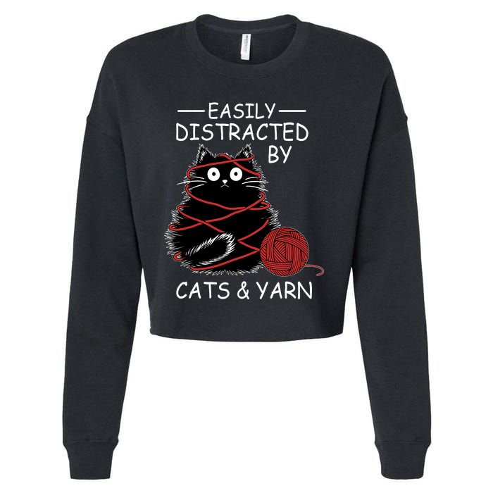 Easily Distracted By Cats And Yarn Kitten Lover Crochet Cropped Pullover Crew