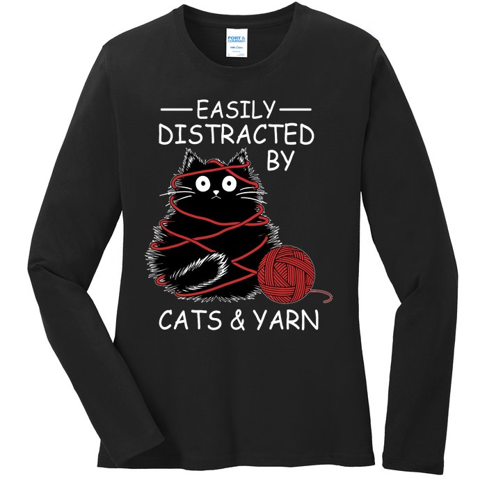 Easily Distracted By Cats And Yarn Kitten Lover Crochet Ladies Long Sleeve Shirt