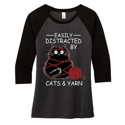 Easily Distracted By Cats And Yarn Kitten Lover Crochet Women's Tri-Blend 3/4-Sleeve Raglan Shirt