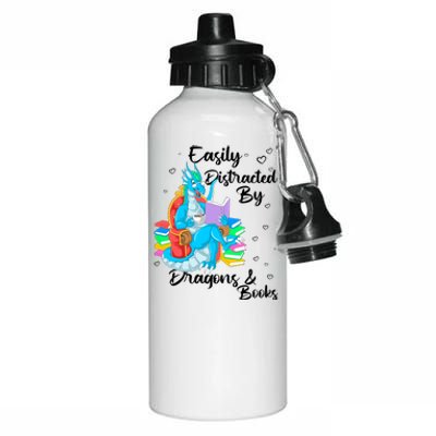 Easily Distracted By Dragons And Books Aluminum Water Bottle 