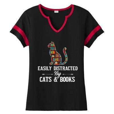 Easily Distracted by Cats and Books Cat Design Ladies Halftime Notch Neck Tee