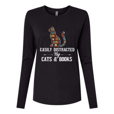 Easily Distracted by Cats and Books Cat Design Womens Cotton Relaxed Long Sleeve T-Shirt