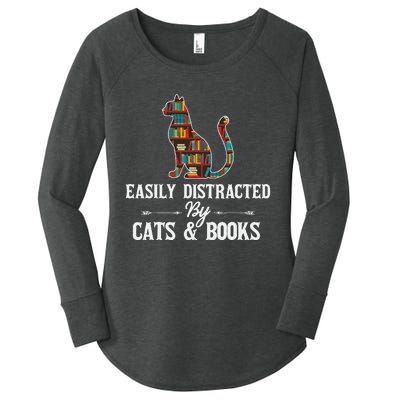 Easily Distracted by Cats and Books Cat Design Women's Perfect Tri Tunic Long Sleeve Shirt