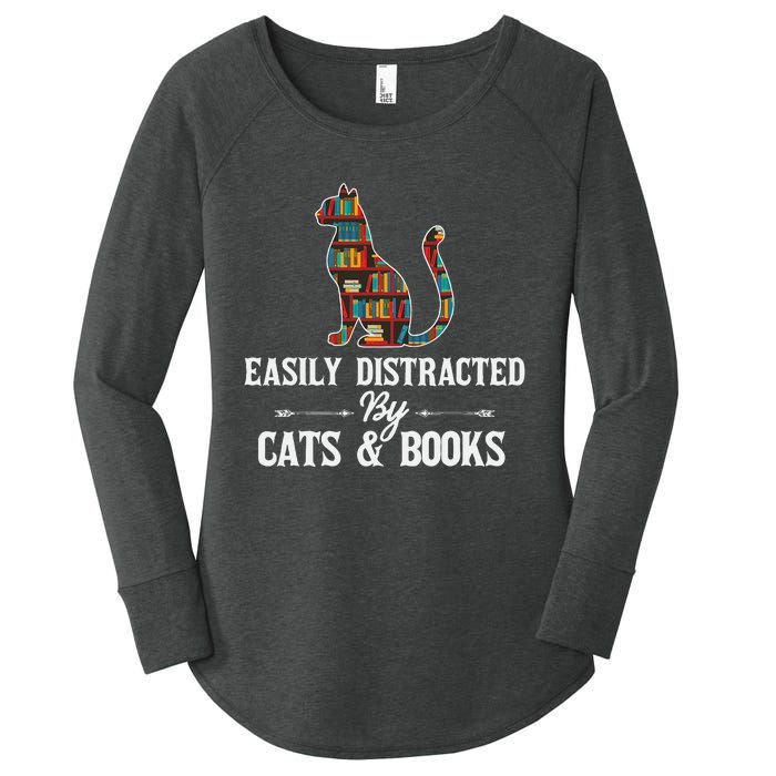 Easily Distracted by Cats and Books Cat Design Women's Perfect Tri Tunic Long Sleeve Shirt