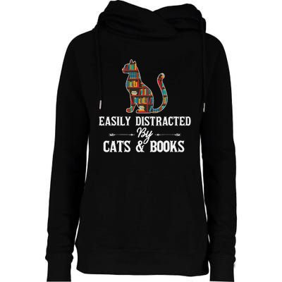 Easily Distracted by Cats and Books Cat Design Womens Funnel Neck Pullover Hood