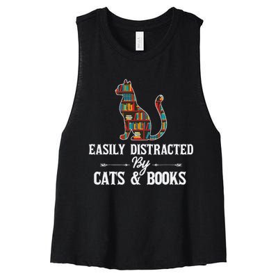 Easily Distracted by Cats and Books Cat Design Women's Racerback Cropped Tank