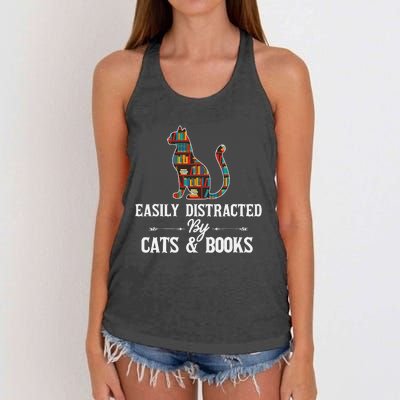 Easily Distracted by Cats and Books Cat Design Women's Knotted Racerback Tank