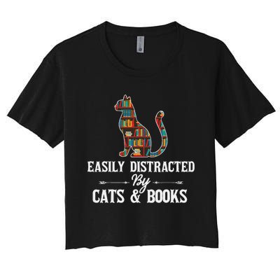 Easily Distracted by Cats and Books Cat Design Women's Crop Top Tee