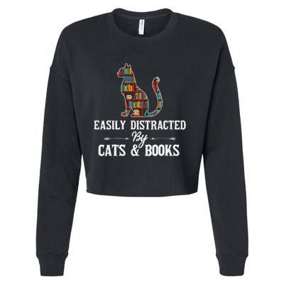 Easily Distracted by Cats and Books Cat Design Cropped Pullover Crew