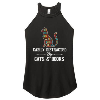 Easily Distracted by Cats and Books Cat Design Women's Perfect Tri Rocker Tank