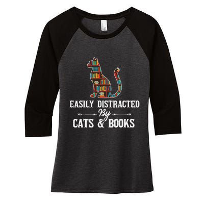 Easily Distracted by Cats and Books Cat Design Women's Tri-Blend 3/4-Sleeve Raglan Shirt