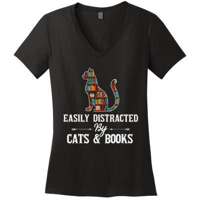 Easily Distracted by Cats and Books Cat Design Women's V-Neck T-Shirt