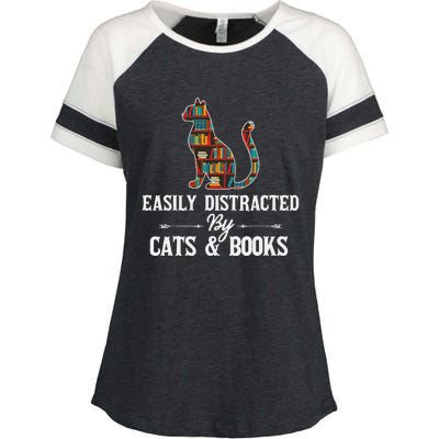 Easily Distracted by Cats and Books Cat Design Enza Ladies Jersey Colorblock Tee