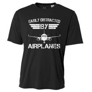 Easily Distracted By Airplanes Aviation Pilot Airplane Lover Cooling Performance Crew T-Shirt