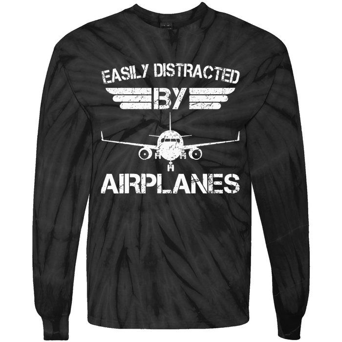 Easily Distracted By Airplanes Aviation Pilot Airplane Lover Tie-Dye Long Sleeve Shirt