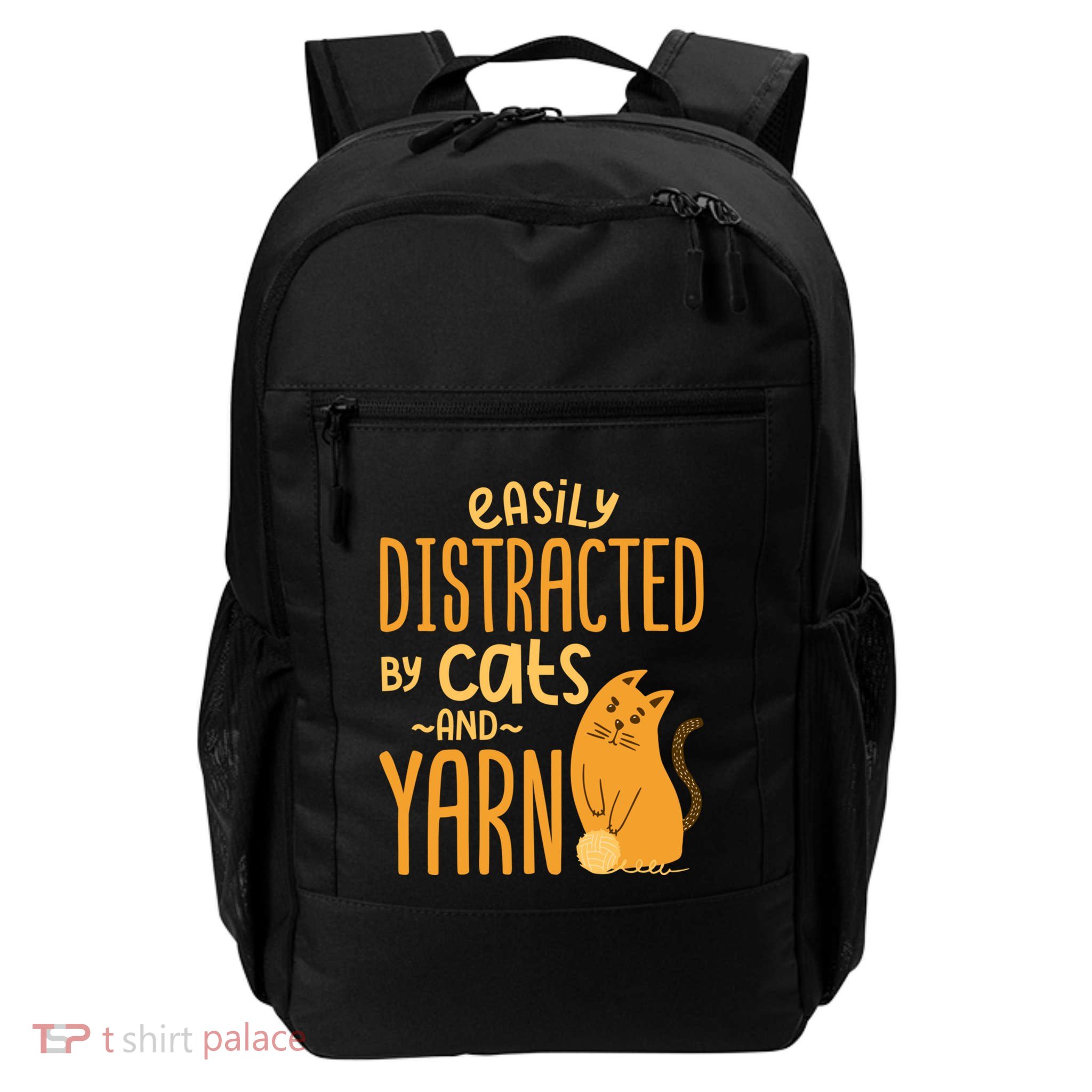 Easily Distracted By Cats And Yarn Quilters Crochet Lovers Cool Gift Daily Commute Backpack