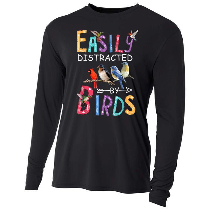 Easily Distracted By Birds Gift Funny Bird Gift Cooling Performance Long Sleeve Crew