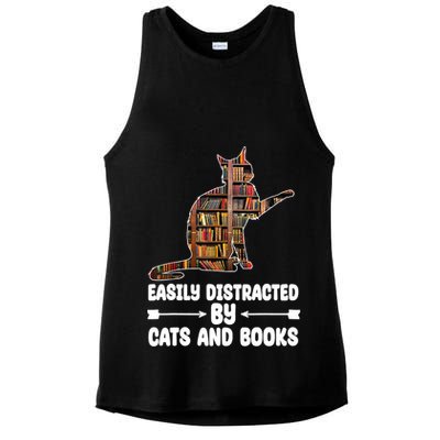 Easily Distracted By Cats And Books Funny Cat Lover Ladies PosiCharge Tri-Blend Wicking Tank
