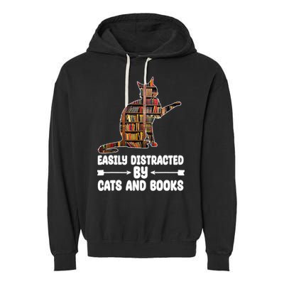 Easily Distracted By Cats And Books Funny Cat Lover Garment-Dyed Fleece Hoodie