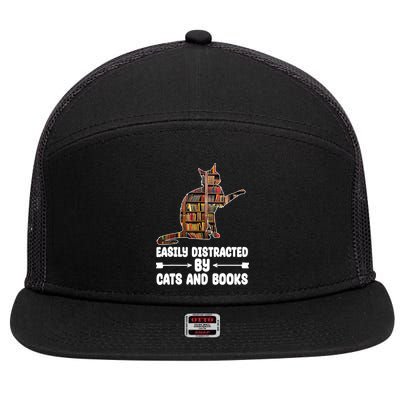 Easily Distracted By Cats And Books Funny Cat Lover 7 Panel Mesh Trucker Snapback Hat
